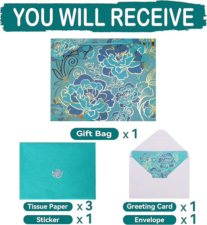 13" Large Rose Green Gift Bag Set with Greeting Card and Tissue Paper(Foil Traced Flowers) for Celebrating Birthdays, Mother's Day, Valentine's Day, Weddings, Anniversaries- 13”x5.2”x10.2”,1 Pcs.