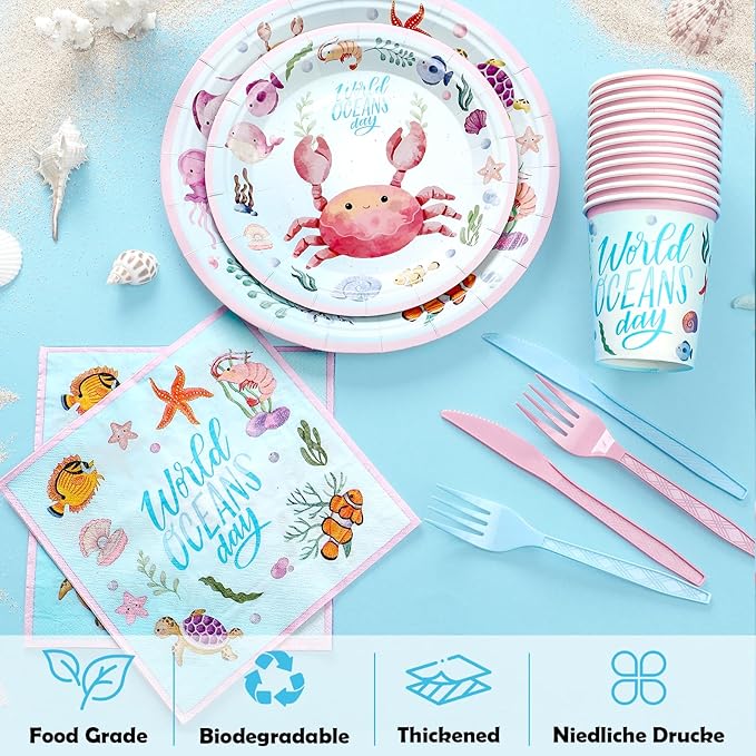 144Pcs Under the Sea Animal Birthday Party Supplies Decorations Paper Plates Napkins Vintage Party Tableware Disposable Pink Ocean Dinnerware Set for Kids Birthday Baby Shower Table Decor, Serve 24
