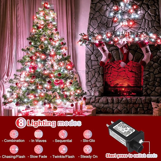 165FT 500 LED Outdoor String Lights, Plug in Christmas Lights Indoor Waterproof, 8 Modes Twinkle Fairy Lights Clear Wire for Room Xmas Patio Garden Tree Party Holiday Decorations, Red and White