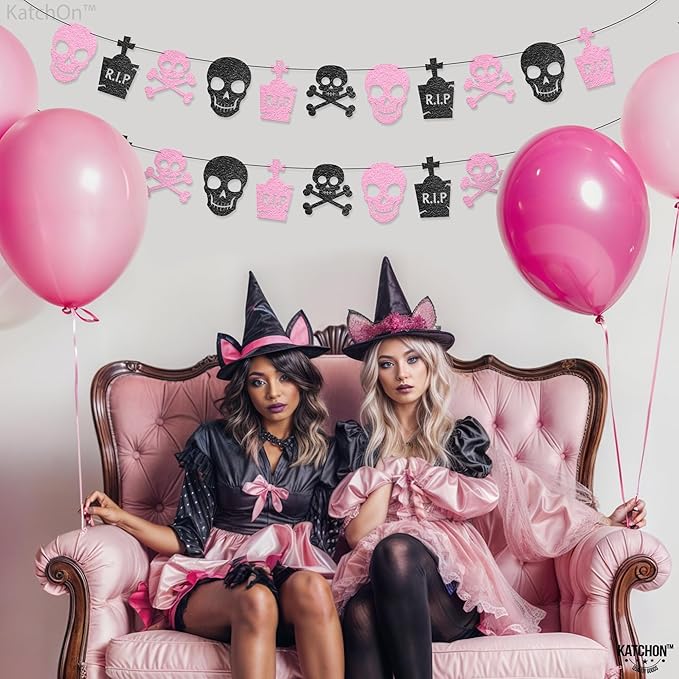 KatchOn Pink Black Felt Skull Garland - 13 Feet, No DIY | Felt Halloween Garland, Skull Party Decorations | Pink Halloween Decor