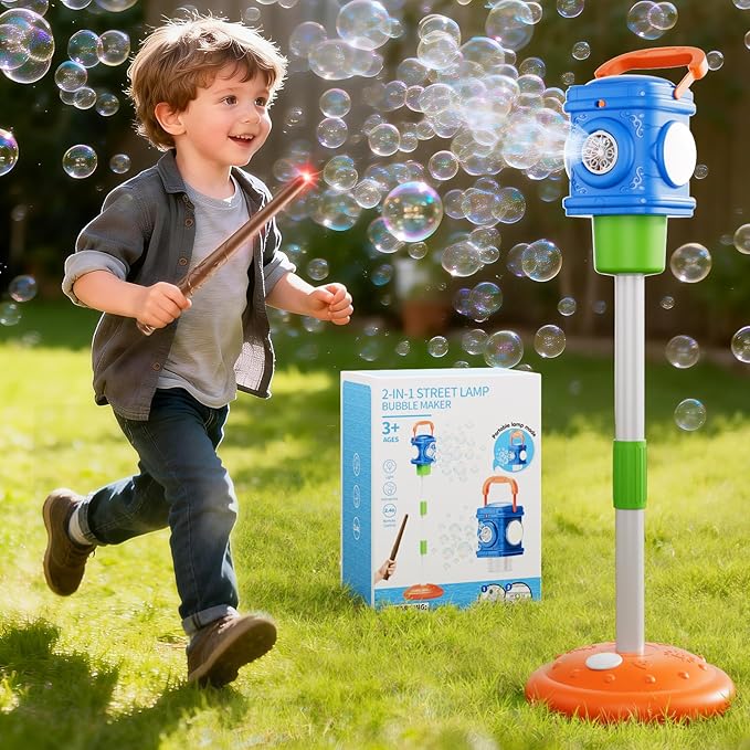 2-in-1 Remote Street Lamp Bubble Machine for Kids 3-6 4-8 Years Old Summer Outdoor Bubble Maker Toys with Lights for Boys and Girls 3 4 5 6 7 8+ Birthday Wedding Party Gifts