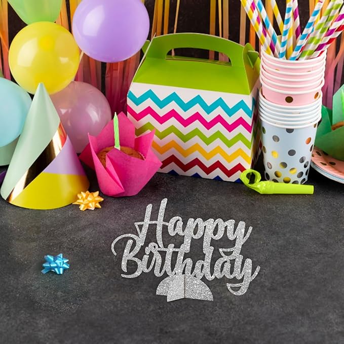 Happy Birthday Table Centerpiece, Silver Glitter Birthday Party Paper Free Standing for Women Men, HBD Script Table Centerpiece for Bday Party Supplies