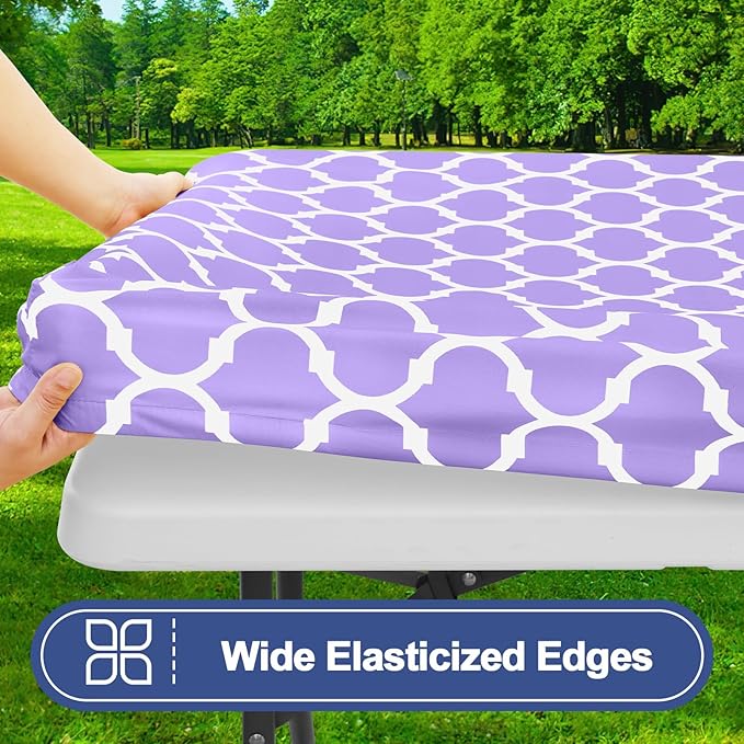 Smiry Picnic Table Cover with Bench Covers, Waterproof Elastic Fitted Tablecloth for 6 Foot Tables, Washable Polyester Tablecloths for Camping, Indoor & Outdoor (Lavender, 30x72 Inch 3-pc Set)