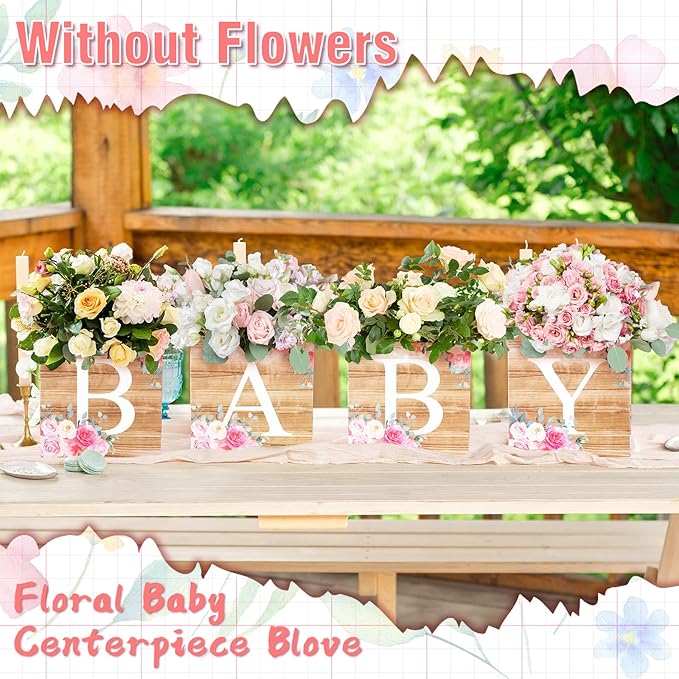 Bucherry 6 Pcs Baby Shower Centerpieces with Letters, 7" Baby Blocks Flower Boxes for Table Decorations, Gender Reveal Party Supplies & Photo Props(Wooden Color,Rustic Floral)