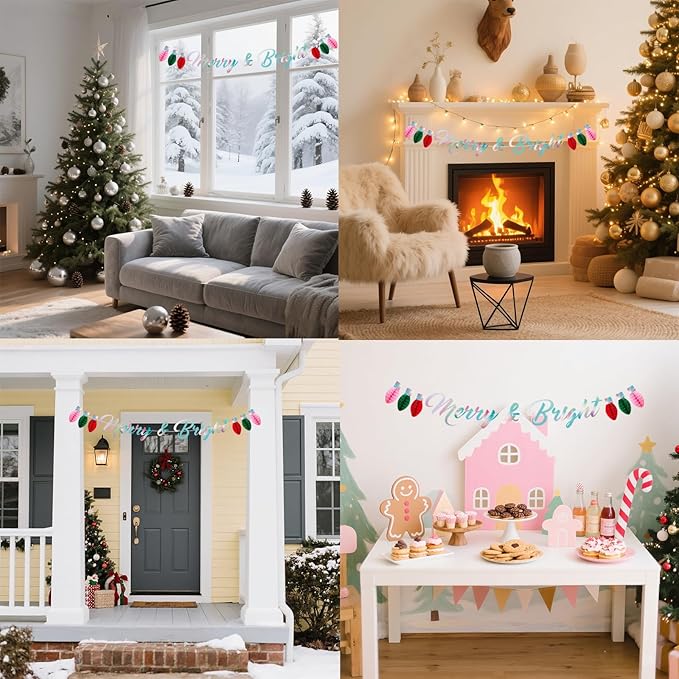 Christmas Banner, Pre-Strung Merry & Bright Banner Mantle Christmas Decor, Laser Xmas Wall Banners with Honeycomb Ball, Xmas Bunting for New Year Winter Fireplace Hanging Sign
