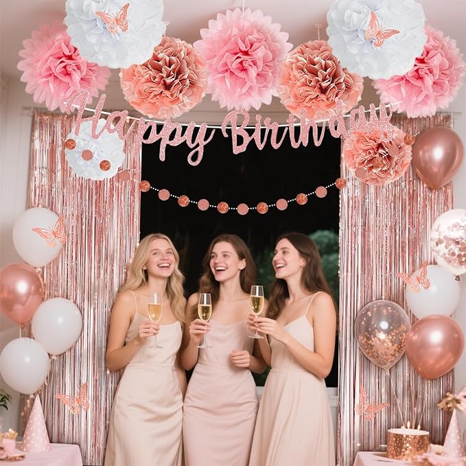 Pink Rose Gold Birthday Party Decorations Set, Rose Gold Glittery Happy Birthday banner, Curtains, Butterfly Wall，Tissue Paper Pom, Circle Dots Garland for Women's Party Decorations