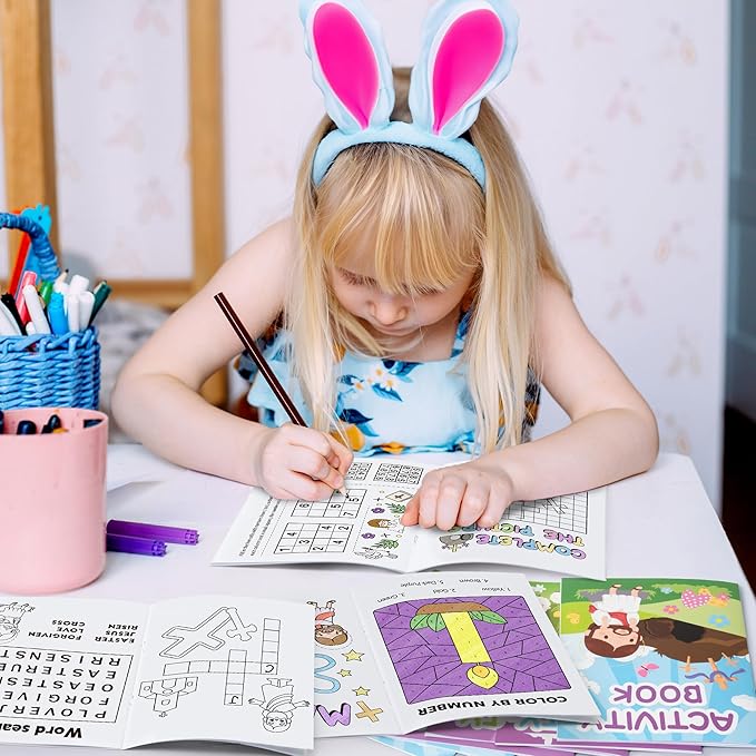 Easter Activity Books for Kids - 24Pcs He is Risen Mini Games Coloring Book Set Bulk Mazes Word Search Word Scramble Games for School Classroom Easter Spring Holiday Reward DIY Art Gifts Party Favors