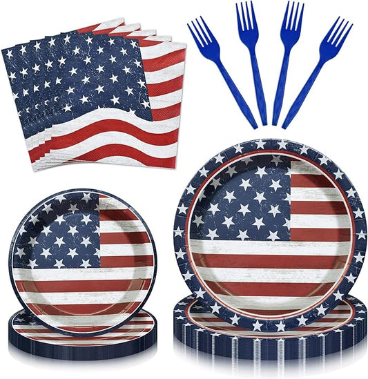96 Pieces Patriotic Tableware Set ??Vintage American Flag Disposable Dinnerware with Paper Plates, Napkins, Cups, Forks for Fourth of July, Memorial Day, Veterans Day Celebrations, Serves 24 Guests