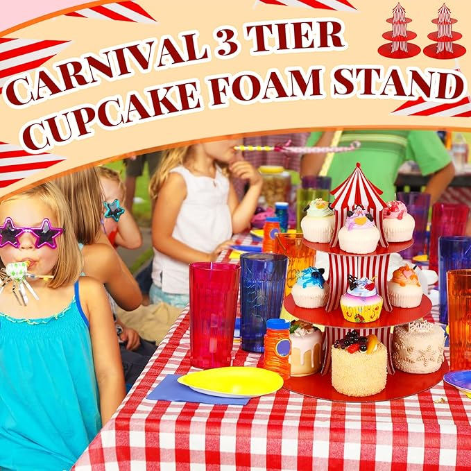 Amyhill 2 Pcs Carnival Cupcake Stand 3 Tier Cardboard Cupcake Holder Red White Striped Circus Cupcake Holders for Dessert Table Displays Carnival Birthday Theme Party Decorations