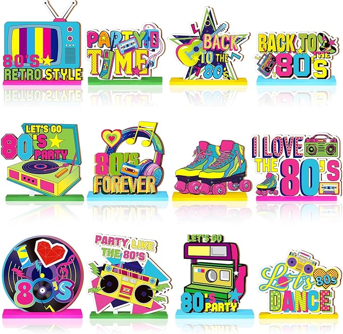 Marsui 12 Pcs 1980s Themed Wooden Decor Table Centerpieces Decorations for Home Wooden Sign Retro Wood Blocks Sign 80s Hip Hop Party 80s Theme Party Supplies