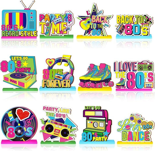 Marsui 12 Pcs 1980s Themed Wooden Decor Table Centerpieces Decorations for Home Wooden Sign Retro Wood Blocks Sign 80s Hip Hop Party 80s Theme Party Supplies