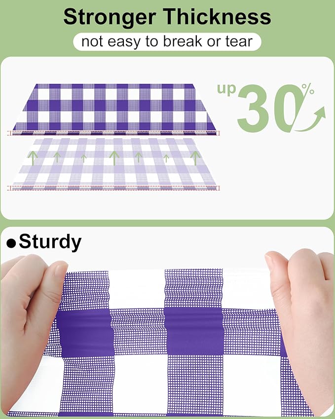 Smiry 12 Packs Gingham Disposable Table Cloth, 54 x 108 Inch Waterproof Plastic Tablecloth, Rectangle Purple and White Checkered Table Covers for Picnic, Birthday, Party