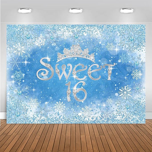 Mocsicka Winter Sweet 16th Backdrop Winter Wonderland Silver Snowflake Crown Sixteen Birthday Party Decoration Ice Blue Girl Birthday Banner Portrait Photoshoot Background (Blue, 10x8ft(120''x96''))