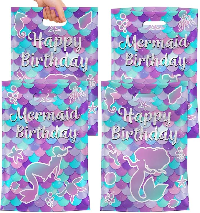 40Pcs Mermaid Birthday Party Favor Bags, Mermaid Goodie Bags with Handles,Ocean Mermaids Gift Candy Treat Bag for Kids Girls Baby Shower Mermaids Themed Under the Sea Party Decorations Supplies Favors