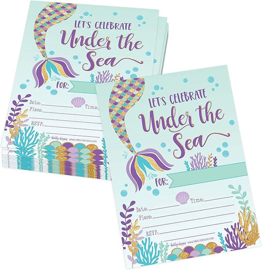 Hadley Designs Kids Birthday Invitations Girl Mermaid Theme - 25 Mermaid Birthday Party Invitations For Girls, Under the Sea Invites For Girls, Cute Party Supplies, Made in USA