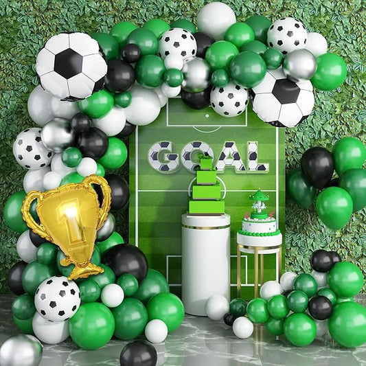 Soccer Balloon Arch Kit Boys, Green Balloon Arch Kit with Football Trophy Balloons Dark Green Black White Latex Balloon Metallic Silver Balloon for Baby Shower Birthday Soccer Party Decorations