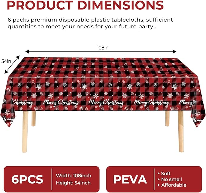 6 Pack Snowflake Tablecloth - Disposable Plastic Table Cover for Christmas Party Decoration Supplies - 54 x 108 Inches (Red Checkered Snowflake)
