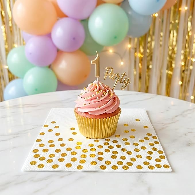 80 Pcs White Paper Napkins with Gold Foil Polka Dots, Disposable Cocktail Napkins for Party, Baby Shower, Wedding & Birthday, Bulk Beverage and Dinner Napkins