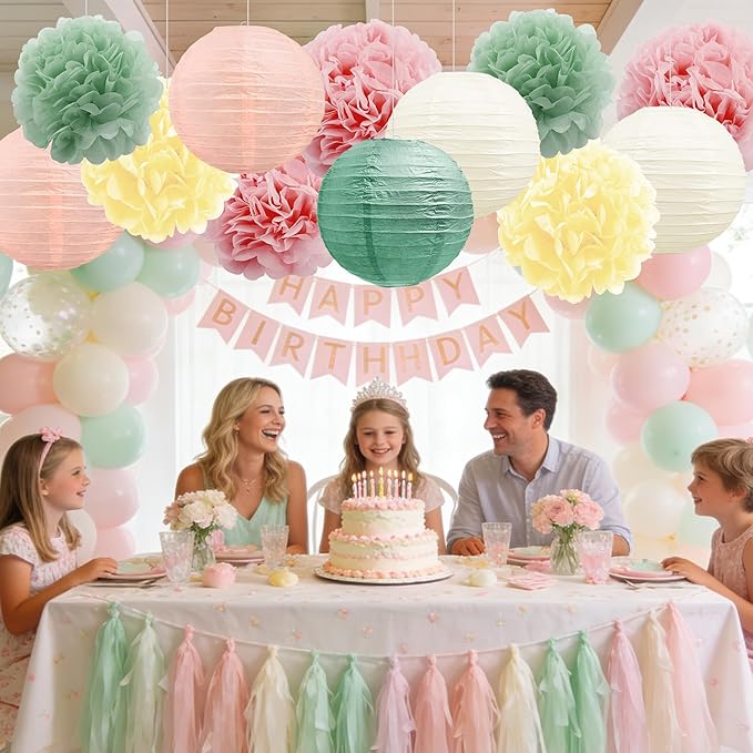 BEISHIDA Pink Green Tissue Hanging Paper Flowers Lanterns Party Decorations Set for Birthday Graduation Baby Shower Bridal Bachelorette Wedding Photo Booth Backdrops Party Supplies(18 Packs)