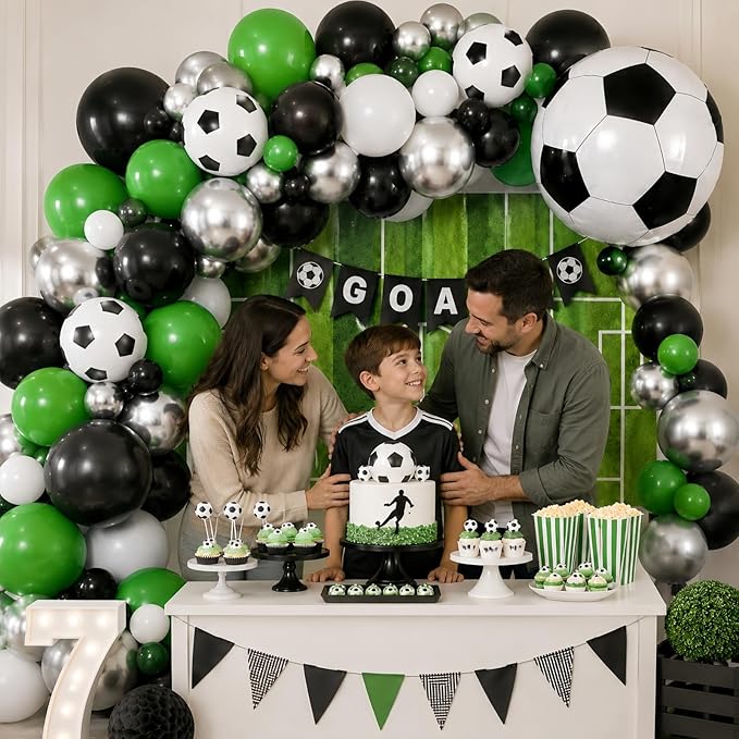 Soccer Balloons, 12 Inch Green Black White Metallic Silver Latex Balloons with Soccer Ball 4D Foil Balloon for Boys Kids Sport Theme Birthday Decorations Football Lover Men Party Baby Shower Decor