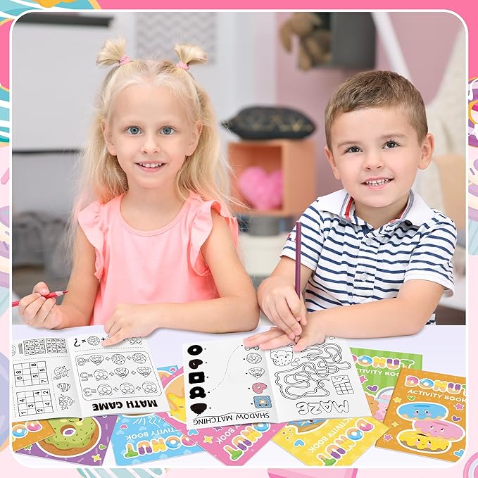 Donut Activity Books for Kids - 24Pcs Cute Doughnut Mini Game Coloring Booklet Bulk Maze Word Scramble Word Search Games for Birthday School DIY Activity Supplies Classroom Reward Goodies Bag Stuffer