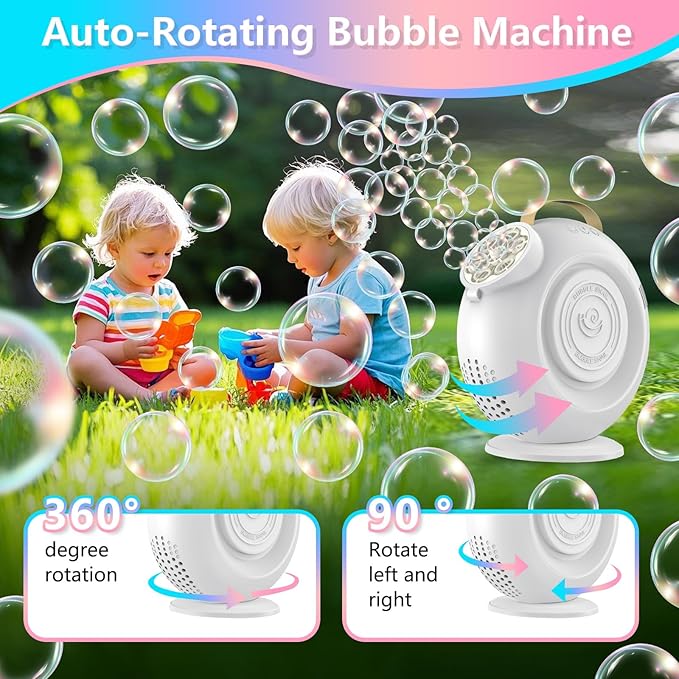 Bubble Machine, Automatic Bubbles Blower for Kids Toddlers - 15000+ Bubbles Per Min, 90°/360° Auto Rotation & LED Light, Rechargeable Bubble Maker for Birthday Parties Wedding Outdoor Activities Gifts