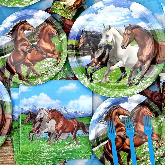 Horse Party Supplies - Horse Party Tableware - Dinner Plates, Dessert Plates, Napkins, Forks for Horse Racing Cowboy Western Boy Birthday Party Supplies Decorations, Serves 25