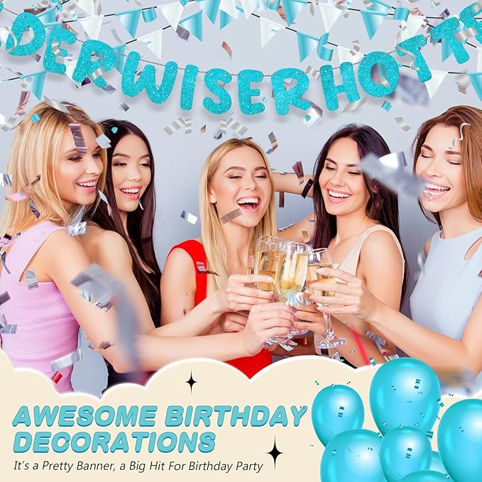 Fulmoon Set of 3 Pre Strung Older Wiser Hotter Glitter Banner Funny Birthday Banner for Women 30th 40th 50th 60th 70th 80th Birthday Party Decorations Sign Gift(Blue)