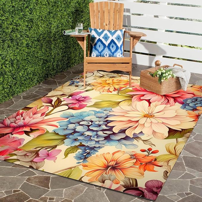 Easy Clean Floral Outdoor Rug 7x12 Yellow Pink Machine Washable Area Rugs for Patio Balcony Camping Pool Garden Non Slip Waterproof Outside Carpet Vibrant Low Pile Porch Mat