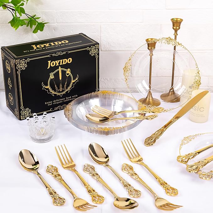 300Pieces Gold Plastic Silverware - Heavy Duty Gold Disposable Utensils - Vintage Plastic Cutlery Set Includes 100 Forks, 100 Spoons, 100 Knives for Dinner Parties Weddings (Pack of 2)