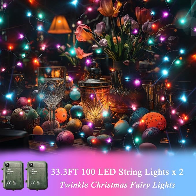 Pooqla Easter String Lights Battery Powered, 2 Pack Total 66.6 FT 200 LED Colorful Pastel String Lights for Indoor Outdoor Easter Decorations, Twinkle Fairy Light for Home Party Room Party Decor