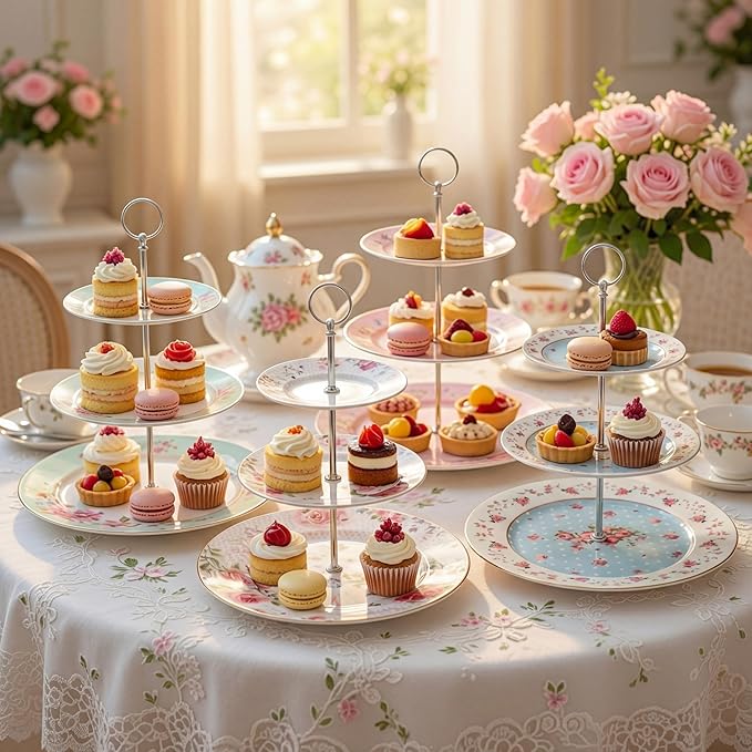 Dandat 4 Pcs 3 Tier Tea Party Cake Stand Floral Ceramic Cupcake Display Round Porcelain Cupcake Dessert Tower Tray Pastry Serving Tray Platter for Tea Party Wedding Birthday, 4 Designs