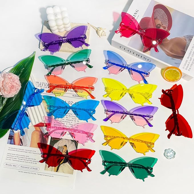 SUNOVELTIES 24/48 Pack Colored Party Glasses Bulk Butterfly Rimless Sunglasses Irregular Transparent Fun Glasses for Adult