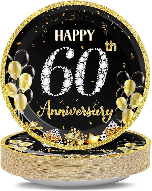 Qyeahkj 48pcs 60th Anniversary Party Plates 60th Wedding Anniversary Disposable Paper Dessert Plates Supplies for Black and Gold Dessert Plates Tableware Decorations