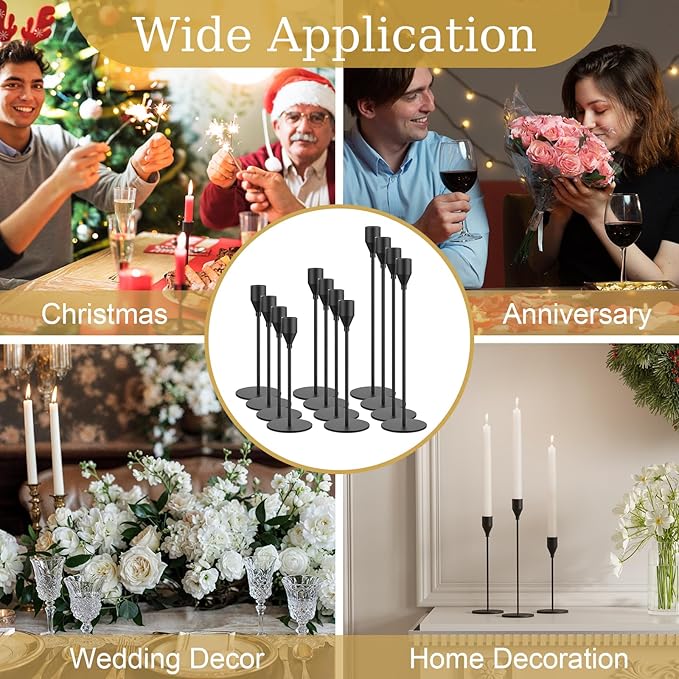 NLBTW Black Taper Candle Holders Set of 12 Candlestick Holders Bulk, Metal Candle Stick Holder Decor for Wedding, Dinning, Christmas Party or Anniversary, Fits 3/4 Inch Thick Candle
