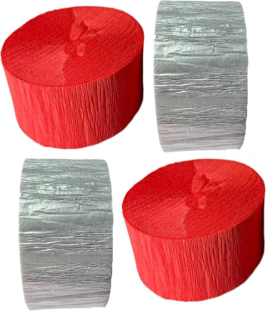 Red and Silver Metallic Crepe Paper Streamers, 4 Rolls Total, Made in USA