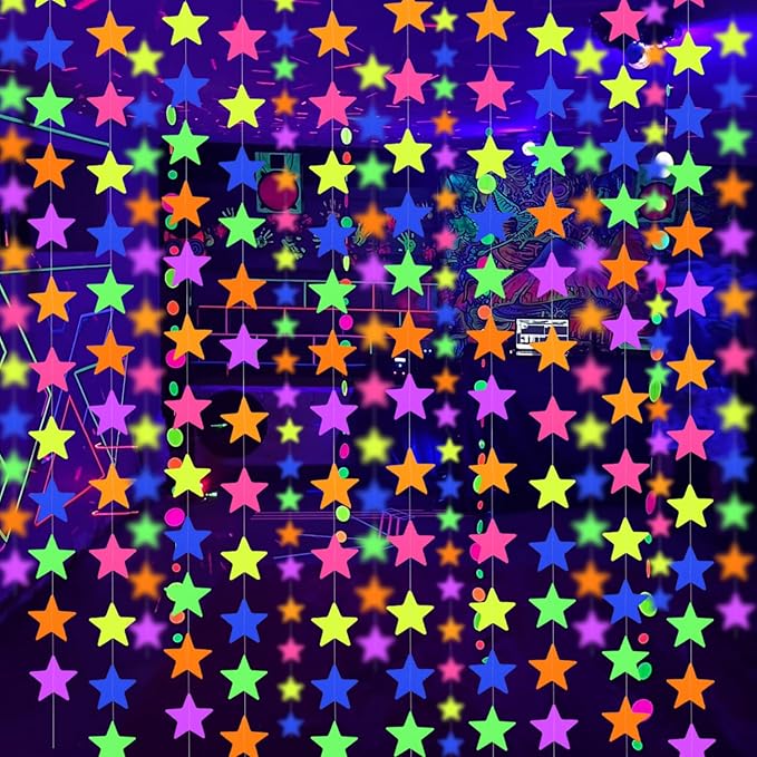 120feet UV Neon Star Garland Hanging Paper Streamers Glow in The Dark Black Light Glow Party Supplies and Decorations Glow in The Dark Garlands Blacklight Reactive Fluorescent Party Kit for Birthday