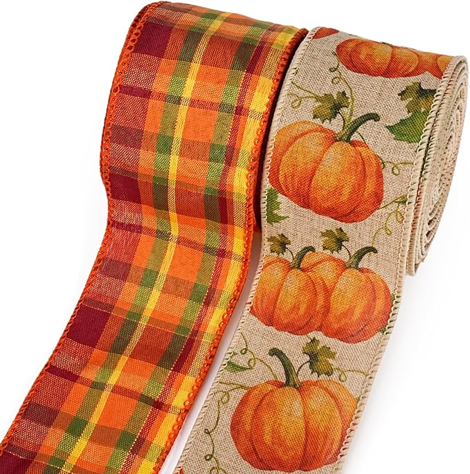 LaRibbons Fall Burlap Plaid Ribbon Wired 2 1/2" x 6 Yards 2 Rolls, Pumpkin Plaid Ribbon for Autumn Wreath Thanksgiving Farm Gift Wrapping Home Decor