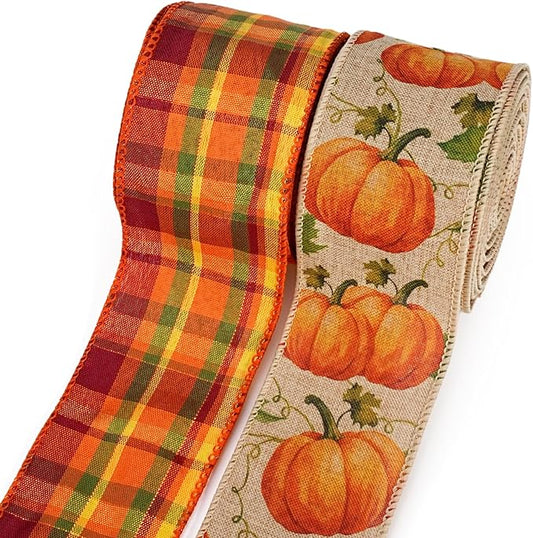 LaRibbons Fall Burlap Plaid Ribbon Wired 2 1/2" x 6 Yards 2 Rolls, Pumpkin Plaid Ribbon for Autumn Wreath Thanksgiving Farm Gift Wrapping Home Decor