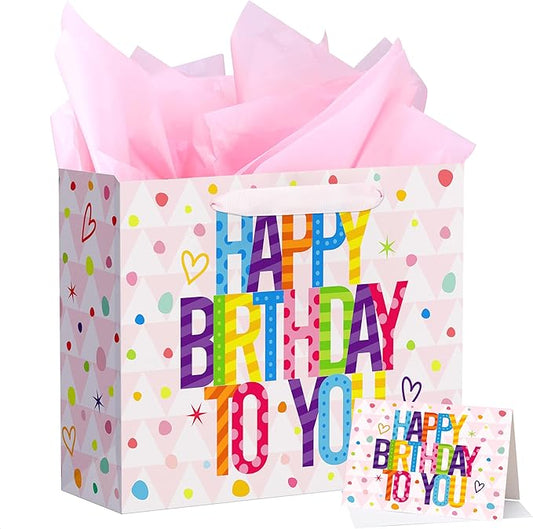 Bobobag 13" Large Gift Bag with Tissue Paper and Greeting Card,Pink Happy Birthday gift bags for Girls