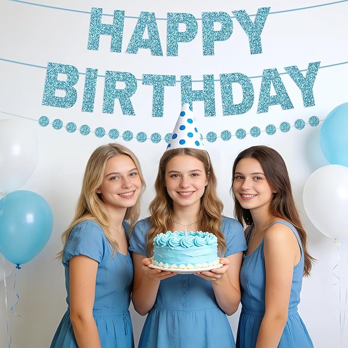 Happy Birthday Banner Pre-Strung Birthday Party Decorations NO DIY Glitter Happy Birthday Sign Circle Dots Garland Birthday Hanging Decorations for Women Men Birthday Party Supplies (Blue)