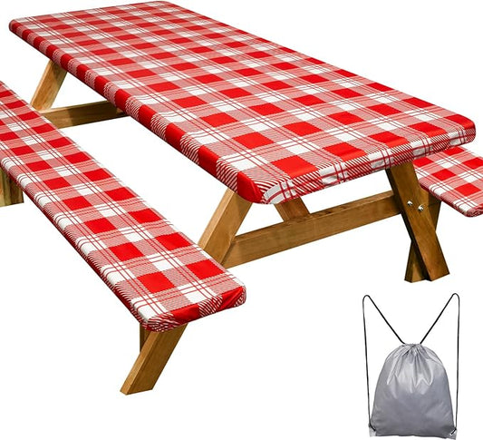 Play Tailor Picnic Table Cover with Bench Covers Camping Essentials Waterproof Windproof Camping Tablecloth with Drawstring Bag, Fitted Rectangle Tables and Seats, 72in, Red Checkered