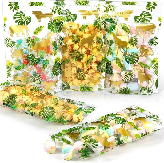 Pasimy 60 Pcs Safari Gift Bags Plastic Jungle Animal Print Favor Bags Safari Animal Palm Leaves Candy Treat Goodie Gold Handbags for Two Wild Jungle Birthday Party Baby Shower Supplies