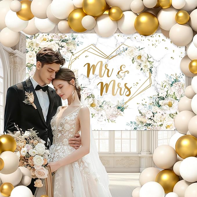 MEHOFOND 113pcs White Floral Wedding Balloons Arch Kit, Mr and Mrs Banner Backdrop, Flowers Hearts Geometric Bride to Be Party Decorations, Engagement White and Gold Balloons Garland Party Decor