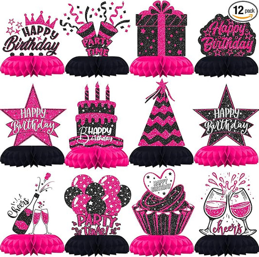 Hot Pink and Black Birthday Decorations – 12PCS Honeycomb Table Centerpieces for Girls Teens Women – Happy Birthday Table Decor Party Supplies