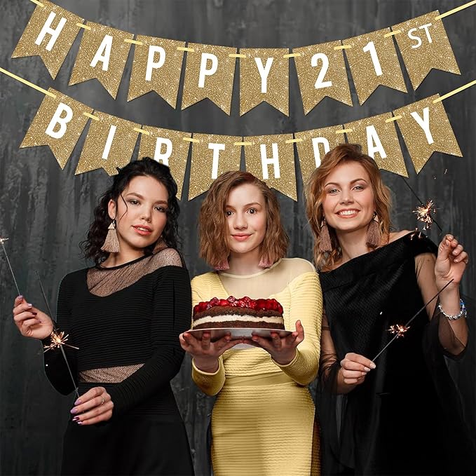 Netnology Pre-Strung Gold Happy 21st Birthday Banner Decorations,12 ft No DIY Gold Glitter 21st Birthday Party Banner Sign Decor for Women Men Girl Boy Party Supplies