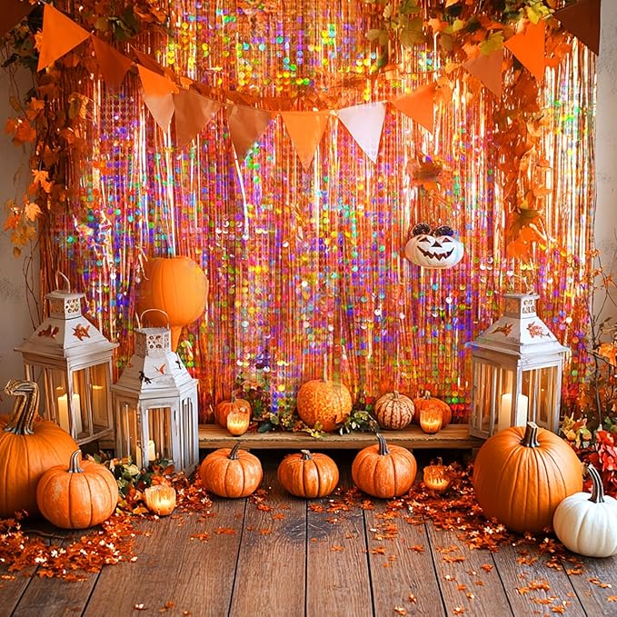 4 Packs Orange Foil Fringe Curtain, Orange Glitter Metallic Tinsel Backdrop for Birthday, Wedding, Baby Shower, Halloween, Thanksgiving, Friendsgiving, Fall Party Decorations Supplies
