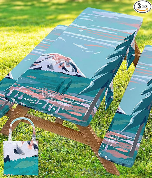 Picnic Table Cover with Bench Covers Elastic Table Cloth Cool Unique Fun Ideas Birthday Christmas Xmas Valentine's Day Camping Gifts for Camper RV Owner Camping Lovers Couple Women Men Mother Father