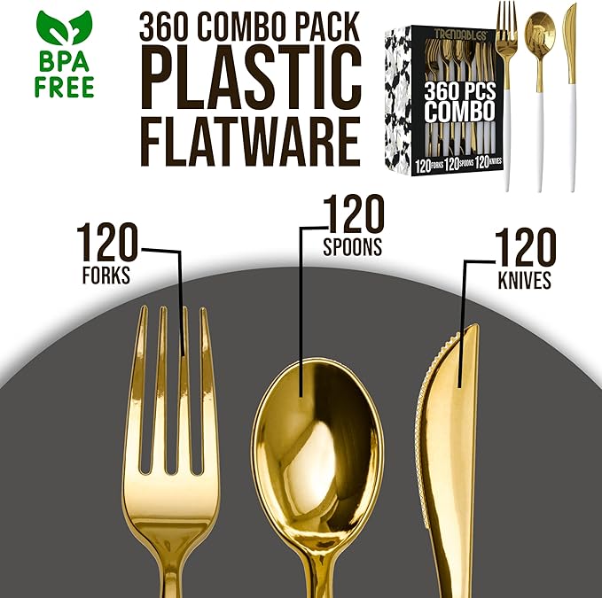 Trendables 360 Pack Disposable Silverware Set - Cutlery Dinnerware - Includes 120 Forks - Spoons - Plastic Knives - White & Gold Plastic Silverware Utensils Party Set
