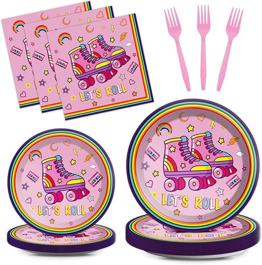 Qyeahkj 100 Pcs Roller Skating Party Plates and Napkins Set Pink Roller Skate Birthday Decorations Supplies Tableware Roll Skating Themed Party Favors for Girls Birthday Decorations Serves 25